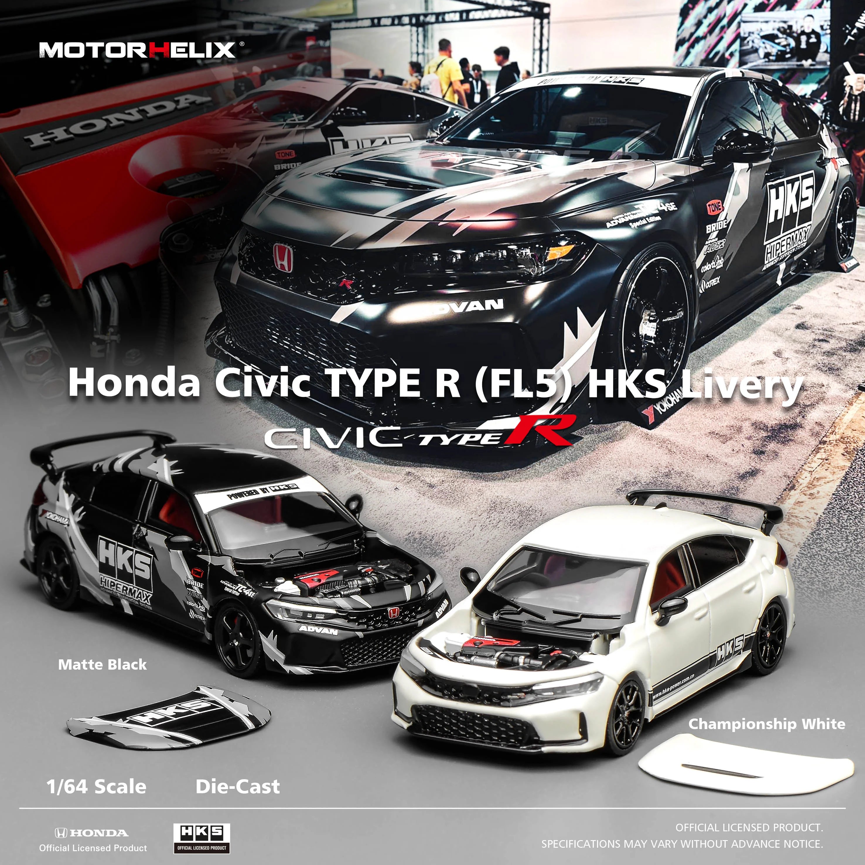 MOTORHELIX 1/64 Alloy Car Model Honda Civic TYPE R(FL5) HKS Livery