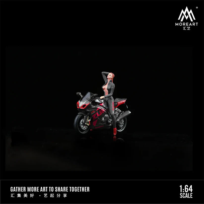 SUZUKI BLACK AND RED MOTORCYCLE DOLL SET RESIN MODEL
