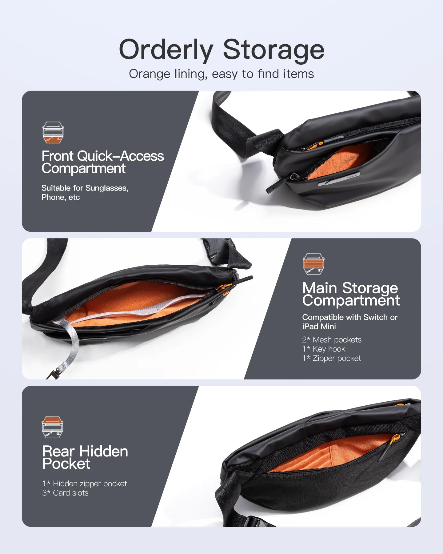 Lightweight Crossbody Bag with Quick-adjust Strap, Splash-resistant, FB01001 black