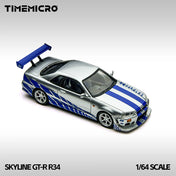 TM 1:64 Skyline GT-R R34 Silver-Blue Alloy Scale Model Car