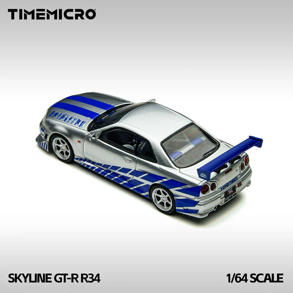 TM 1:64 Skyline GT-R R34 Silver-Blue Alloy Scale Model Car