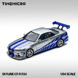 TM 1:64 Skyline GT-R R34 Silver-Blue Alloy Scale Model Car