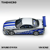 TM 1:64 Skyline GT-R R34 Silver-Blue Alloy Scale Model Car