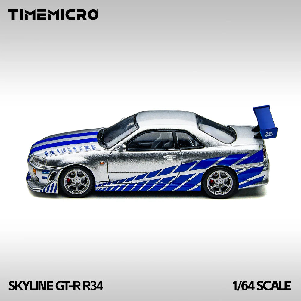 TM 1:64 Skyline GT-R R34 Silver-Blue Alloy Scale Model Car