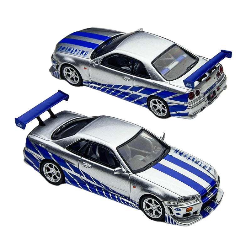 TM 1:64 Skyline GT-R R34 Silver-Blue Alloy Scale Model Car