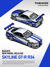 TM 1:64 Skyline GT-R R34 Silver-Blue Alloy Scale Model Car