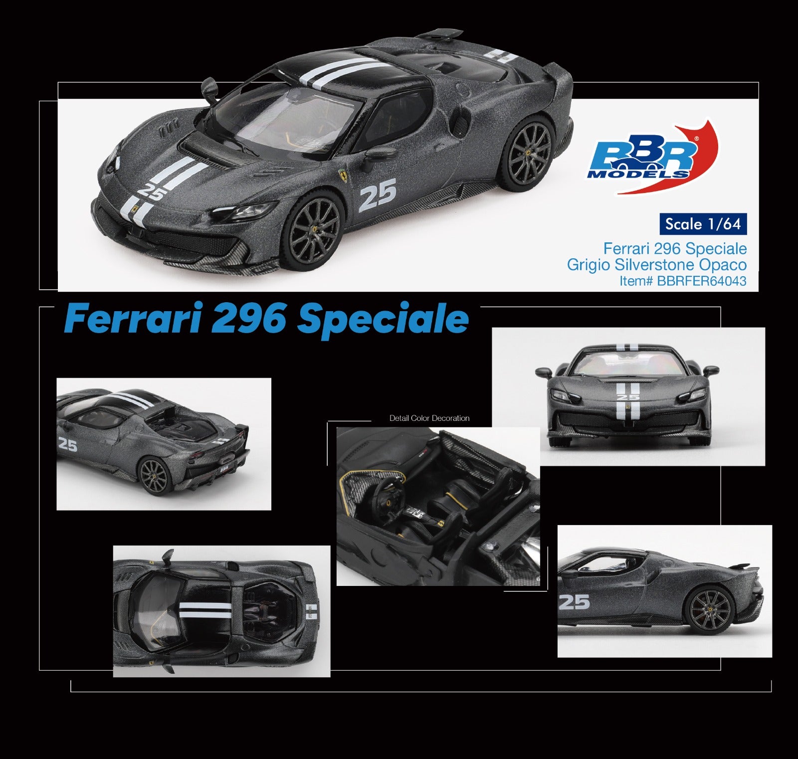BBR 1/64 Ferrari 296 Speciale Grigio Silverstone Opaco