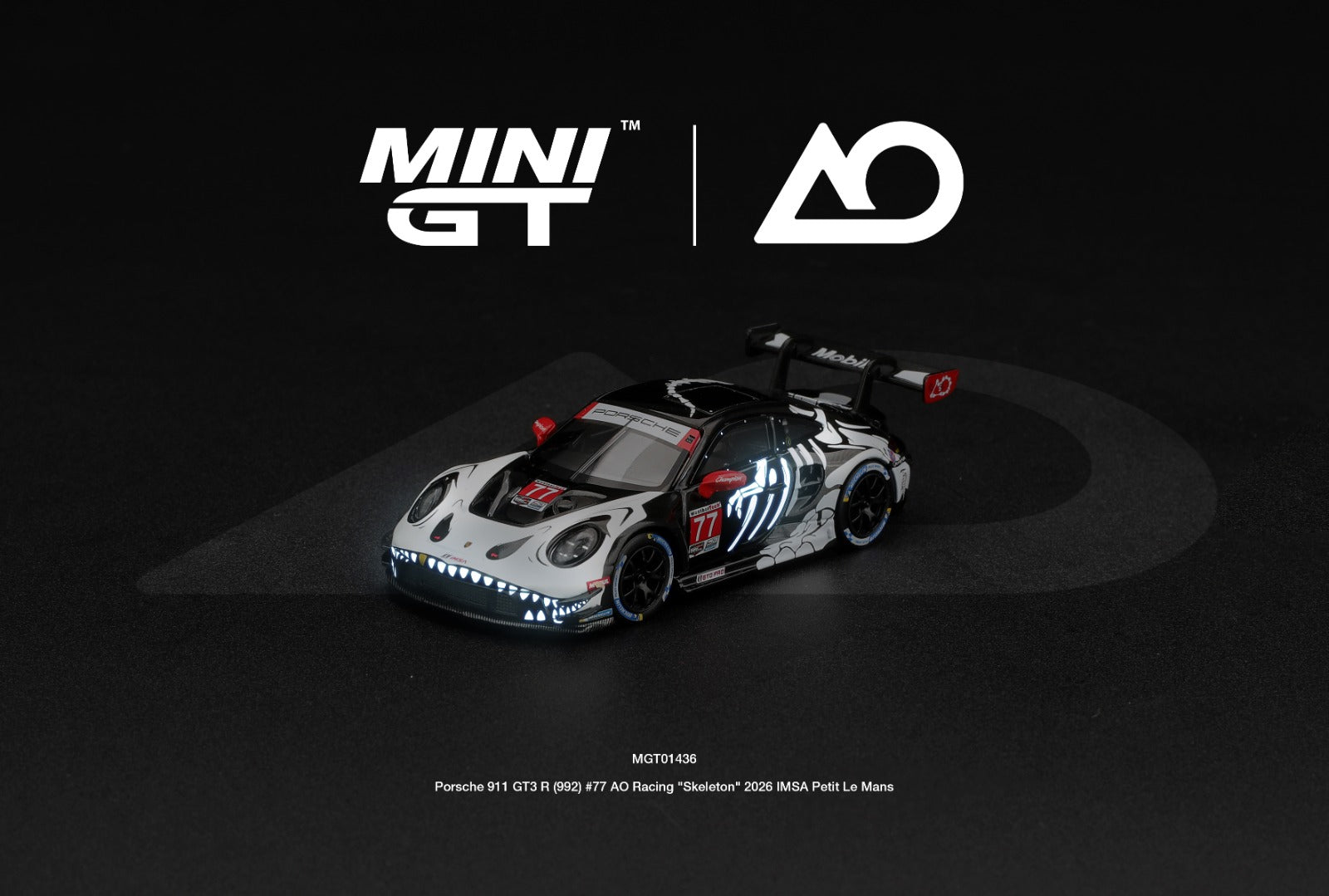 MINIGT 1/64 Porsche 911 GT3 R (992) #77 AO Racing "Skeleton Rexy" 2026 IMSA Petit Le Mans