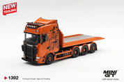MINIGT 1/64 Scania 770S B8x4NA Hooklift Flatbed Orange